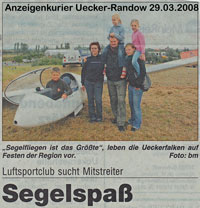 Anzeigenkurier - Uecker-Randow Pasewalk 29.03.2008 - Segelspaß - Luftsportclub sucht Mitstreiter - Kleines Bild m Text