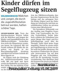 Nordkurier-Pasewalker-Zeitung-10.06.2009-Kinder-dürfen-im-Segelflugzeug-sitzen-Kleines-Bild-m-Text