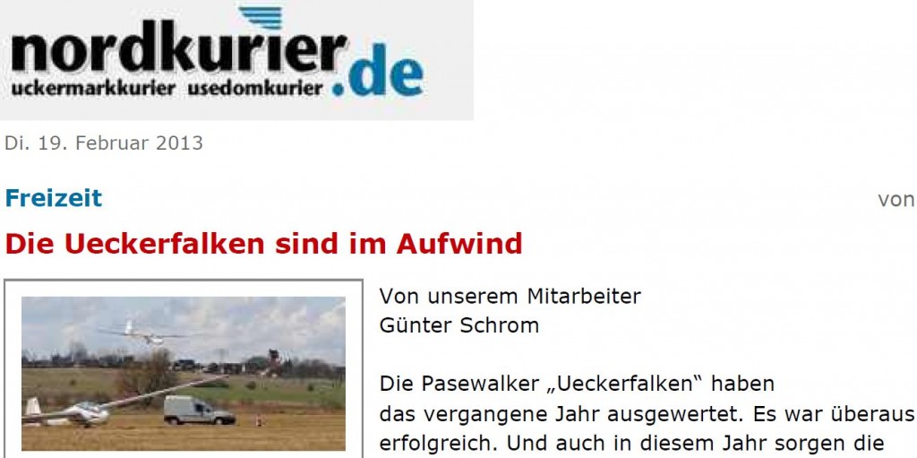 Nordkurier - Pasewalker Zeitung 19.02.2013 - Die Ueckerfalken sind im Aufwind - Kleine Bild m Text