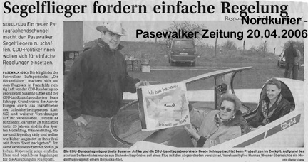 Nordkurier - Pasewalker Zeitung 20.04.2006 - Segelflieger fordern einfache Regelung - Kleines Bild m Text