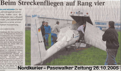 Nordkurier - Pasewalker Zeitung 26.10.2005 - Beim Streckenfliegen auf Rang vier - Kleines Bild m Text