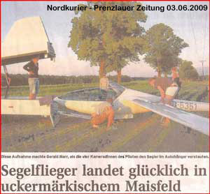 Nordkurier-Prenzlauer-Zeitung-03.06.09-Segelflieger-landet-glücklich·-in-uckermarkischem-Maisfeld-Kleines-Bild-m-Text